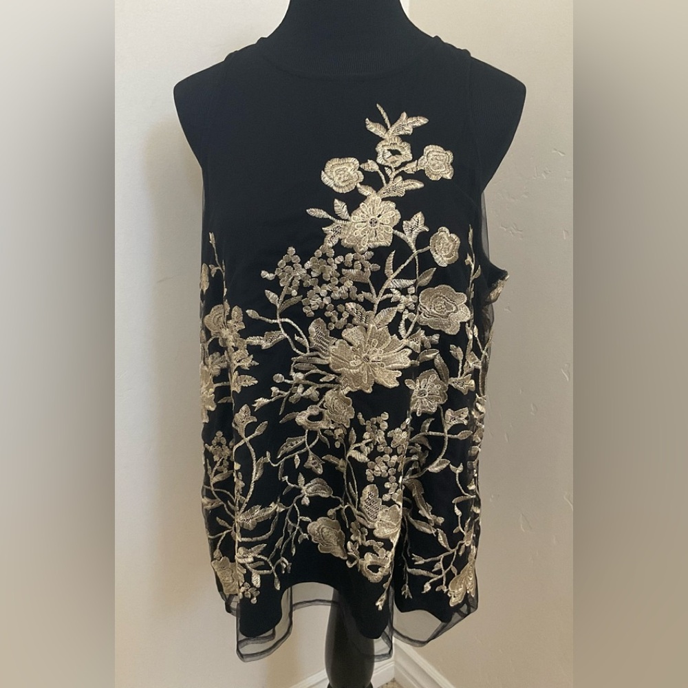 Alfani Embroidered Dressy Floral Black & Gold Sleeveless Blouse Size XL